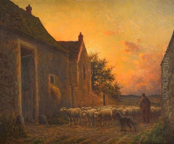 Retour Du Troupeau Au Crepuscule Oil Painting by Paul Chaigneau