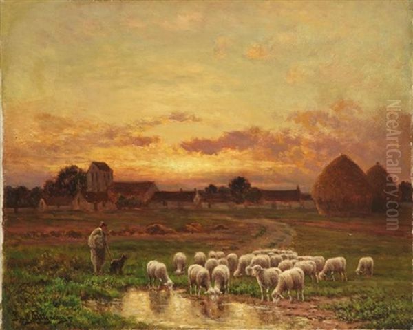 Troupeau S'abreuvant Oil Painting by Paul Chaigneau