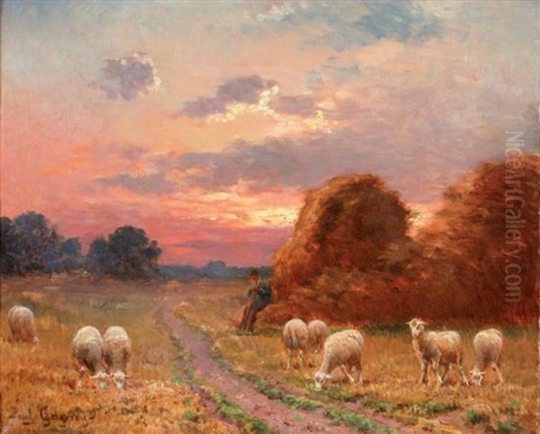 Berger Et Ses Moutons Au Crepuscule Oil Painting by Paul Chaigneau