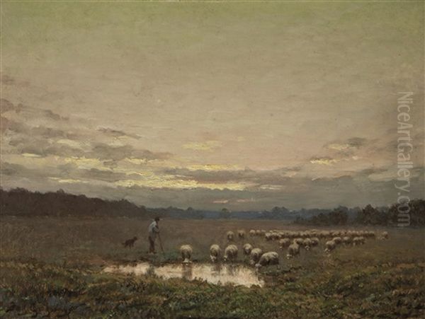 Moutons A Barbizon Oil Painting by Paul Chaigneau