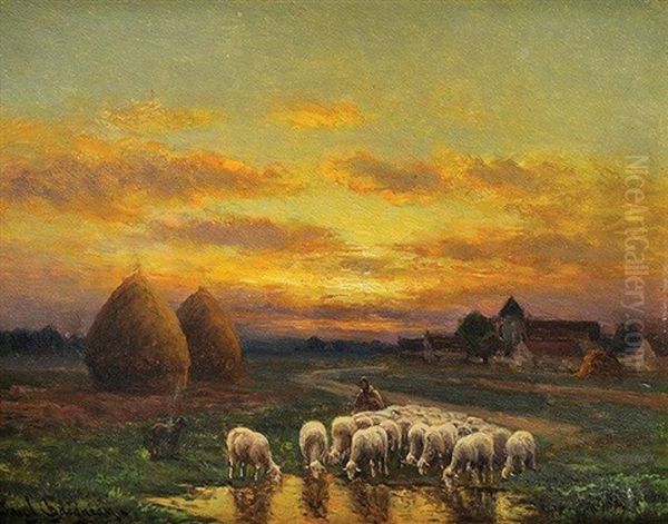 Troupeau Au Soleil Couchant Oil Painting by Paul Chaigneau