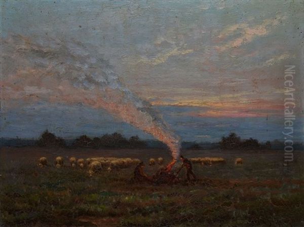 Berger Faisant Un Feu Oil Painting by Paul Chaigneau