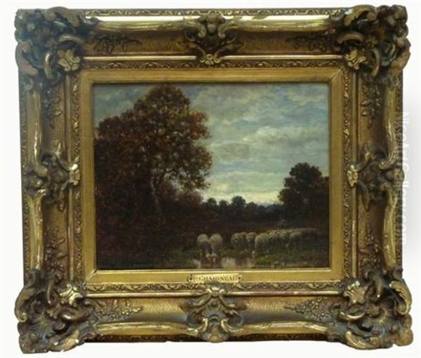 Moutons A La Mare A Barbizon Oil Painting by Paul Chaigneau