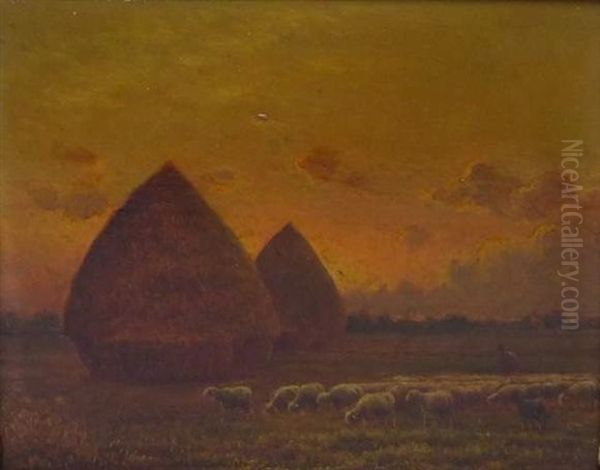 Soleil Couchant A Barbizon Oil Painting by Paul Chaigneau