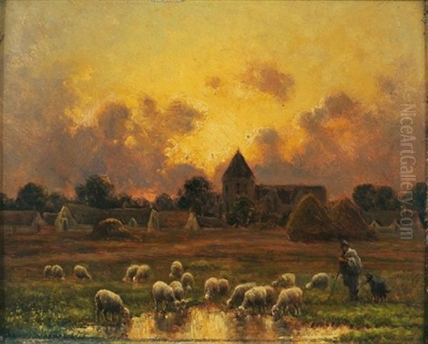 Troupeau De Moutons S'abreuvant Au Coucher Du Soleil Oil Painting by Paul Chaigneau