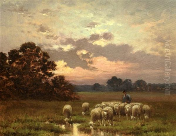 Moutons Et Berger A Barbizon Oil Painting by Paul Chaigneau