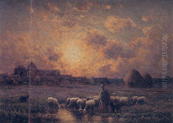 Berger Et Ses Moutons Au Soleil Couchant Oil Painting by Paul Chaigneau