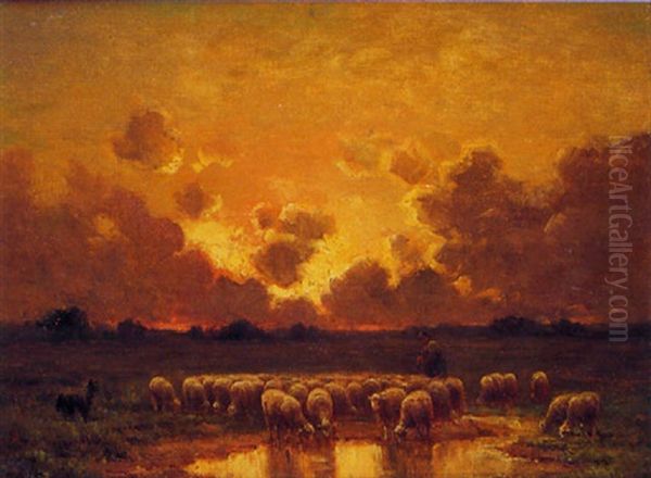 Le Berger Et Son Troupeau Au Coucher Du Soleil Oil Painting by Paul Chaigneau