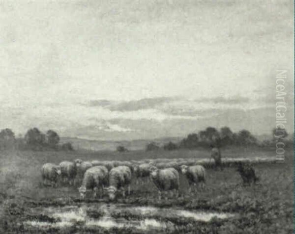 Shepherd With Flock At Twilight Oil Painting by Paul Chaigneau