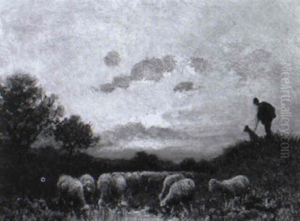 Schafer Mit Hund Und Herde Bei Sonnenuntergangsstimmung Oil Painting by Paul Chaigneau