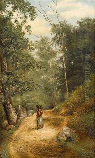 View Along The Brandywine: Woman Carrying Wood Oil Painting by Jefferson David Chalfant