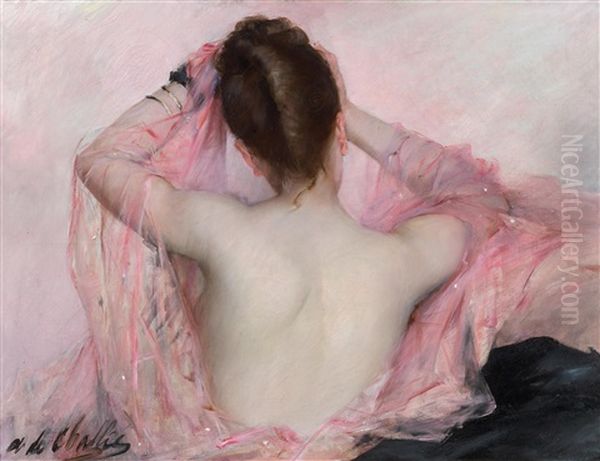 Jeune Femme Brune Au Voile Rose A Sa Toilette Oil Painting by Jean-Laurent Challie