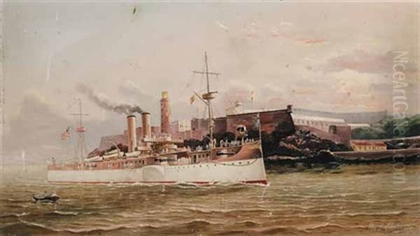 Uss "maine" Passing Morro Castle As She Enters Into Havana Harbor, Cuba Oil Painting by Captain William Lindsey Challoner