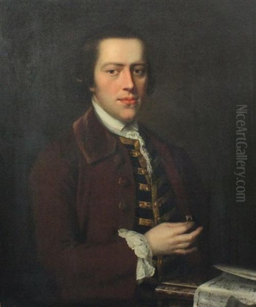 Portrait Of Roger Simpkinson (born 1732) Holding A Ring, With Sheet Music Before Him Oil Painting by George (Sir) Chalmers