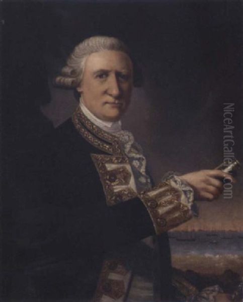 Portrait Of Sir Francis Geary In Flag Officer's Uniform, Holding A Telescope, With Men-of-war Behind Oil Painting by George (Sir) Chalmers