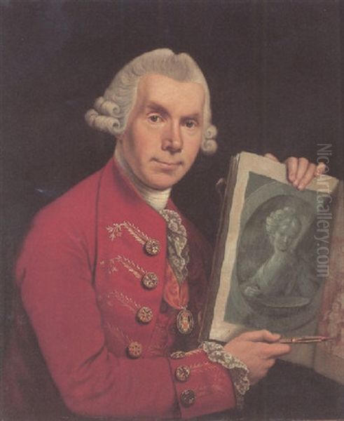 Self-portrait Wearing A Red Coat And A Baronet's Badge, Holding An Album Of Watercolours And Porte Crayon Oil Painting by George (Sir) Chalmers