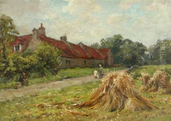 Figures On A Country Lane, Harvest Time Oil Painting by Hector Chalmers