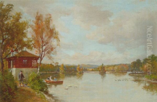 Figures Boating On A Lake Oil Painting by Hector Chalmers