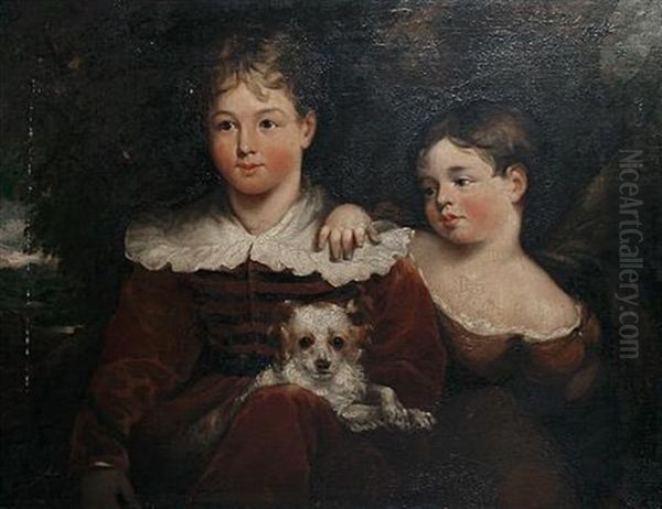 Portrait Of Two Children With A Dog Oil Painting by Alfred Edward Chalon