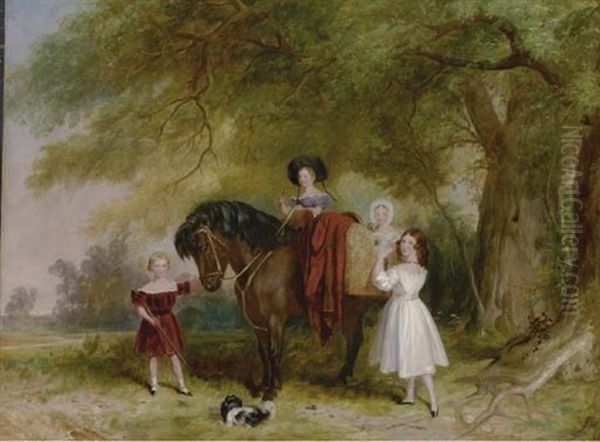 Children Riding A Pony Oil Painting by Alfred Edward Chalon