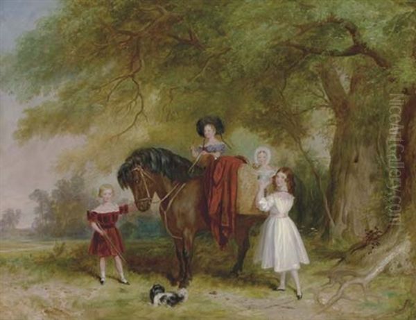 Children Riding A Pony Oil Painting by Alfred Edward Chalon