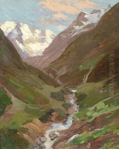 Gebirgsbach Und Verschneites Massiv Oil Painting by Jean Anacker