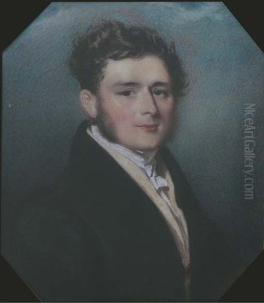 A Young Gentleman, In A Black Coat And Pale Yellow Waistcoat, Dark Curling Hair; Nocturnal Sky Background Oil Painting by Alfred Edward Chalon