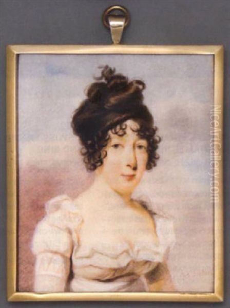 Lady Blunt In White Dress With Embroidered Ruffled Border, Her Dark Hair Curled And Upswept Oil Painting by Alfred Edward Chalon