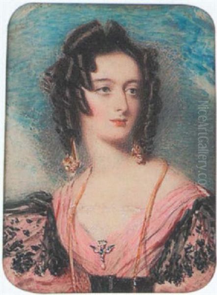 A Lady Wearing Decollete Pink Dress With White Lace Fill-in, Gold Necklace, Pendant Earrings And Jewelled Brooch In The Form Of A Flying Bird, Her Hair In Ringlets Oil Painting by Alfred Edward Chalon