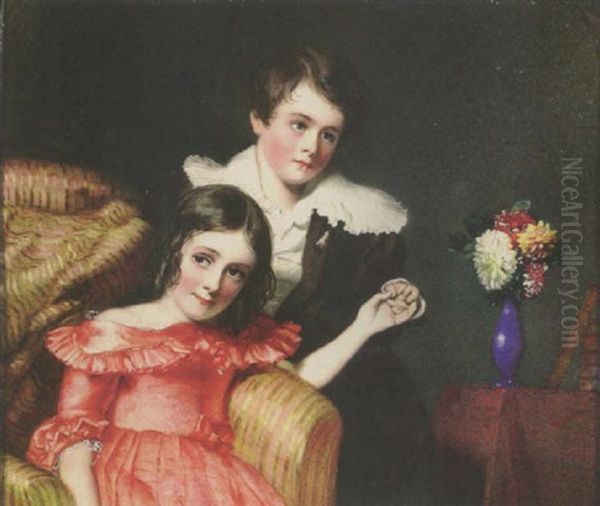 Portrait Of A Young Brother And Sister. She Wears Salmon-pink Dress With Frilled Collar And Holds Her Brother's Hand, He Wears Brown Suit And White Chemise... Oil Painting by Alfred Edward Chalon