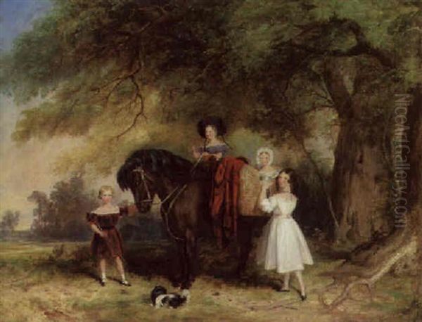 Children Riding A Pony Oil Painting by Alfred Edward Chalon