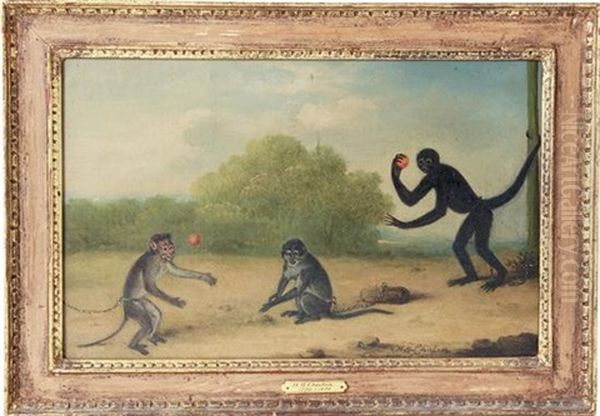 Singerie: Three Monkeys At Play by Henry Bernard Chalon