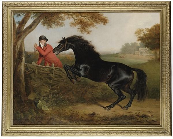 A Dark Bay Hunter Jumping A Fence, With A Huntsman, In The Grounds Of Spye Park, Wiltshire Oil Painting by Henry Bernard Chalon