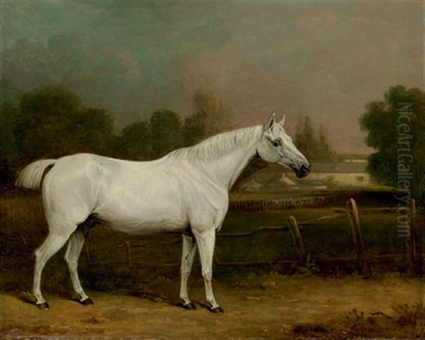 A Grey Hunter In A Landscape And A Farmhouse Beyond Oil Painting by Henry Bernard Chalon