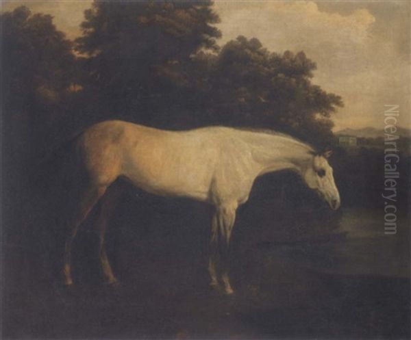 A Grey Hunter In A River Landscape (+ A Bay Hunter With A Groom In A Loose Box: Pair) Oil Painting by Henry Bernard Chalon