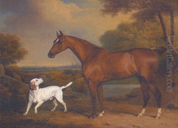 A Bay Hunter And A Pointer In A Landscape Oil Painting by Henry Bernard Chalon