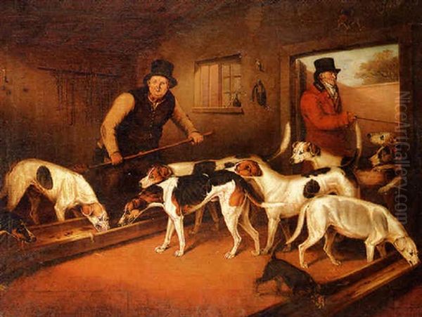 The Raby Pack - The Earl Of Darlington's Hounds With Sayer, The Huntsman, And Leonard, The Dog Feeder Oil Painting by Henry Bernard Chalon