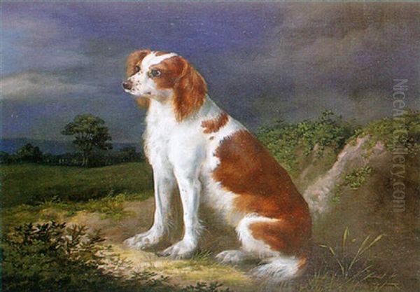 A Blenheim King Charles Spaniel In A Landscape Oil Painting by Henry Bernard Chalon