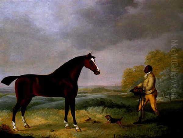 A Bay Hunter With Black Groom And A Terrier In An Open Landscape Oil Painting by Henry Bernard Chalon