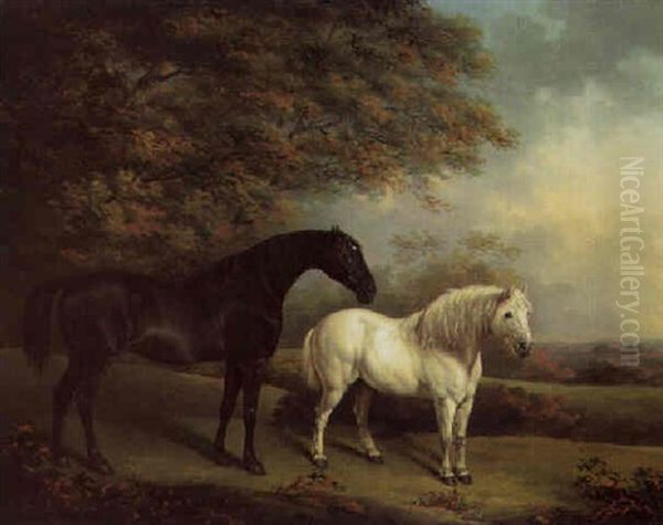 A Dark Bay Hunter And A Grey Pony In A Landscape Oil Painting by Henry Bernard Chalon