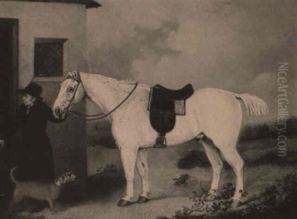 Portrait Of A Grey Hunter, A Groom And A Terrier Before A Stable Oil Painting by Henry Bernard Chalon