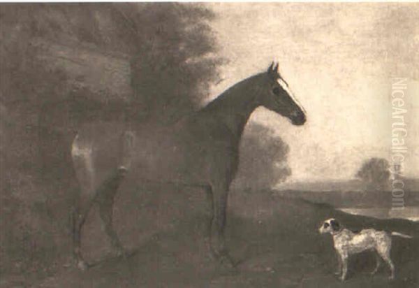 A Chesnut Hunter With A Dog In A Landscape Oil Painting by Henry Bernard Chalon