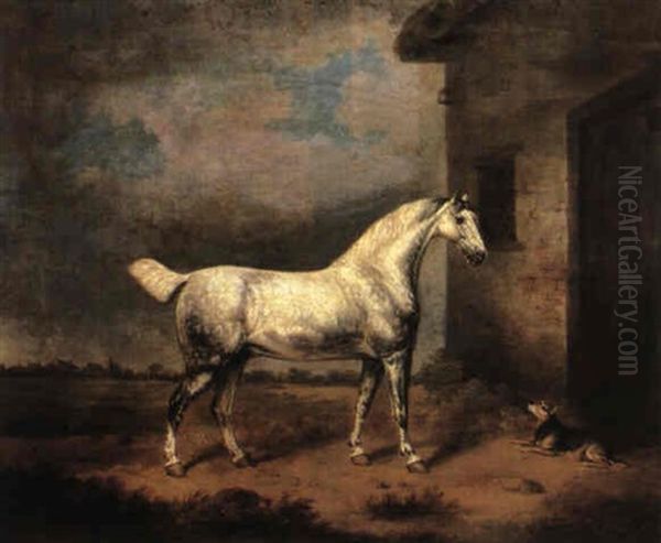 A Grey Hunter And A Dog Before A Stable Oil Painting by Henry Bernard Chalon