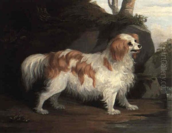 A Blenheim Cavalier King Charles Spaniel On A Riverbank Oil Painting by Henry Bernard Chalon