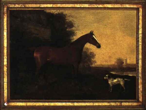 A Bay Hunter In A River Landscape With A Dog Oil Painting by Henry Bernard Chalon