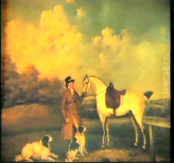 A Groom Standing With A Spotted Bay Mare And Two            English Setter, In A Landscape Oil Painting by Henry Bernard Chalon