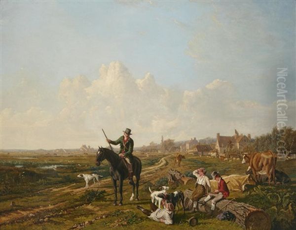 A Mounted Gamekeeper Questions The Cattle Herders On Their Being Found With A Sporting Dog Oil Painting by John James Chalon