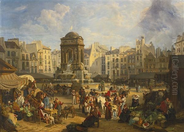 View Of The Market And Fontaine Des Innocents, Paris Oil Painting by John James Chalon