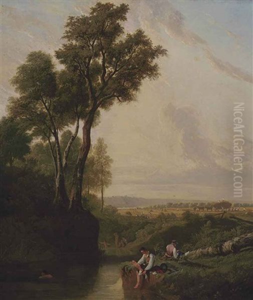 A River Landscape With Bathers, Haymaking Beyond Oil Painting by John James Chalon