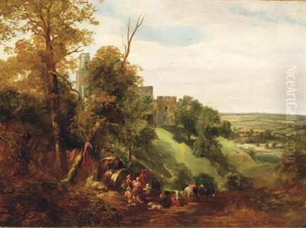 A Gypsy Encampment By A Hilltop Fortress Oil Painting by John James Chalon